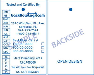 Backflow Tags - 1 color 2 sides, STYLE A
